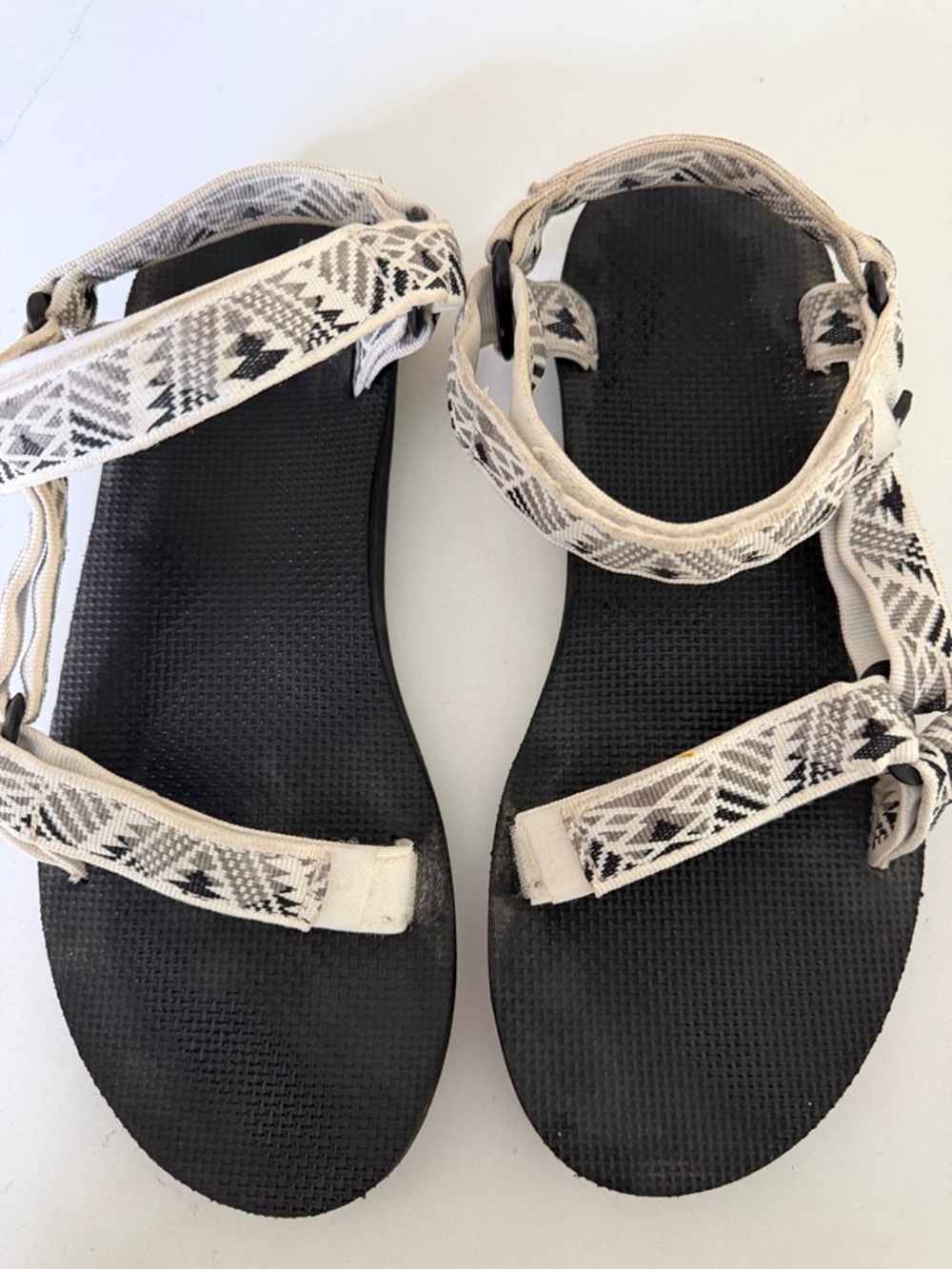 Teva Black Sandals with Cream & Gray Patterned Straps